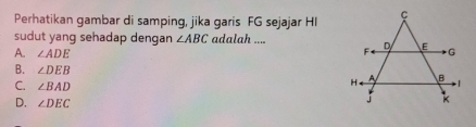 Perhatikan gambar di samping, jika garis FG sejajar HI
sudut yang sehadap dengan ∠ ABC adalah ....
A. ∠ ADE
B. ∠ DEB
C. ∠ BAD
D. ∠ DEC