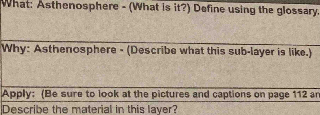 What: Asthenosphere - (What is it?) Define using the glossary. 
Why: Asthenosphere - (Describe what this sub-layer is like.) 
Apply: (Be sure to look at the pictures and captions on page 112 an 
Describe the material in this layer?