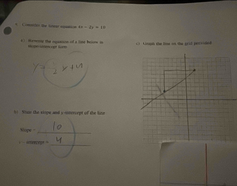 Consider the linear equation 4x-2y=10
s) Rewrite the equation of a line below in c) Graph the line on the grid provided 
slope-intercept form 
b) State the slope and y-intercept of the line 
Slope=_ 
untercep! 
_