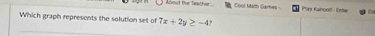 sigh in About the Teacher Cool Math Games- Ptay Kahoot! - Enter Cn 
Which graph represents the solution set of 7x+2y≥ -4