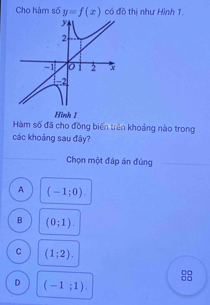 Cho hàm số y=f(x) có đồ thị như Hình 1.
Hàm số đã cho đồng biến trên khoảng nào trong
các khoảng sau đây?
_Chọn một đáp án đúng
_
_
A (-1;0).
B (0;1).
C (1;2).
D (-1;1).