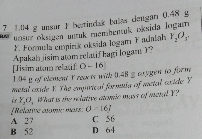 7 1.04 g unsur Y bertindak balas dengan 0.48 g
BAT unsur oksigen untuk membentuk oksida logam
Y. Formula empirik oksida logam Y adalah Y_2O_3. 
Apakah jisim atom relatif bagi logam Y?
[Jisim atom relatif: O=16]
1.04 g of element Y reacts with 0.48 g oxygen to form
metal oxide Y. The empirical formula of metal oxide Y
is Y_2O_3. What is the relative atomic mass of metal Y?
[Relative atomic mass: O=16]
A 27 C 56
B 52 D 64