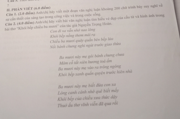 Ca u S. T 
? 
II. PHÀN VIÉT (6.0 điễm) 
Câu 1. (2.0 điểm) Anh/chị hãy viết một đoạn văn nghị luận khoảng 200 chữ trình bày suy nghĩ về 
sự cần thiết của sáng tạo trong công việc và trong cuộc sống. 
Câu 2. (4.0 điểm) Anh/chị hãy viết bài văn nghị luận tìm hiểu vẻ đẹp của cấu tứ và hình ảnh trong 
bài thơ “Khói bếp chiều ba mươi” của tác giả Nguyễn Trọng Hoàn. 
Con đi xa vẫn nhớ nao lòng 
Khỏi bếp nồng thơm mải rạ 
Chiều ba mươi quây quần bên bếp lữa 
Nổi bánh chưng nghi ngút trước giao thừa 
Ba mươi này mẹ gói bánh chưng chưa 
Mâm cổ tất niên hương toá ấm 
Ba mươi này mẹ vào ra trông ngông 
Khói bếp xanh quấn quyện trước hiên nhà 
Ba mươi này mẹ biết đứa con xa 
Lòng canh cảnh nhớ quē biết mấy 
Khói bếp của chiều xưa thức dậy 
Thuở ấu thơ vĩnh viễn đã qua rồi