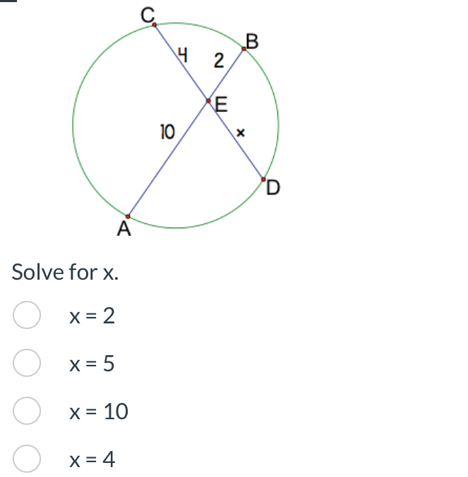 Solve for x.
x=2
x=5
x=10
x=4