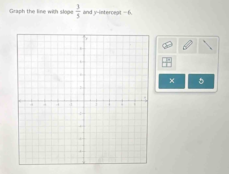 Graph the line with slope  3/5  and y-intercept −6.
frac x
×