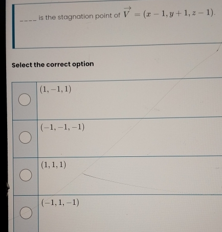 is the stagnation point of vector V=(x-1,y+1,z-1).
Select the correct option