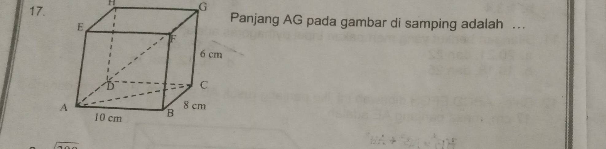 H
G
Panjang AG pada gambar di samping adalah .
sqrt(300)