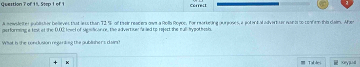 of 11, Step 1 of 1 Correct 
2 
A newsletter publisher believes that less than 72 % of their readers own a Rolls Royce. For marketing purposes, a potential advertiser wants to confirm this claim. After 
performing a test at the 0.02 level of significance, the advertiser failed to reject the null hypothesis. 
What is the conclusion regarding the publisher's claim? 
x Tables Keypad