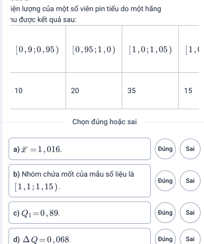 iện lượng của một số viên pin tiểu do một hãng
hu được kết quả sau:
(
Chọn đúng hoặc sai
a) overline x=1,016. Đúng Sai
b) Nhóm chứa mốt của mẫu số liệu là
Đúng Sai
[1,1;1,15).
c) Q_1=0,89. Đúng Sai
d) △ Q=0,068. Đúng Sai