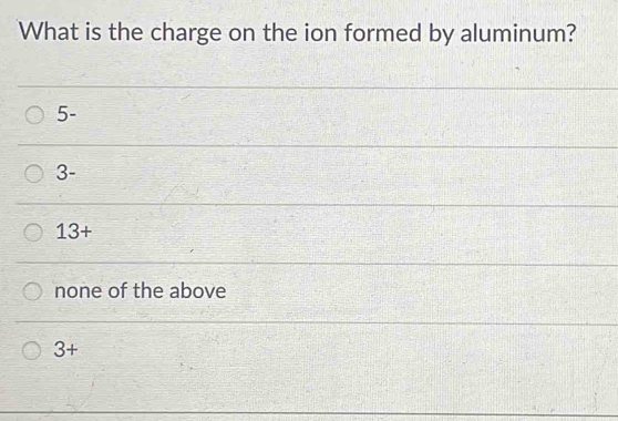 What is the charge on the ion formed by aluminum?
5-
3-
13+
none of the above
3+