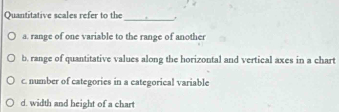Solved: Quantitative scales refer to the_ , a. range of one variable to ...