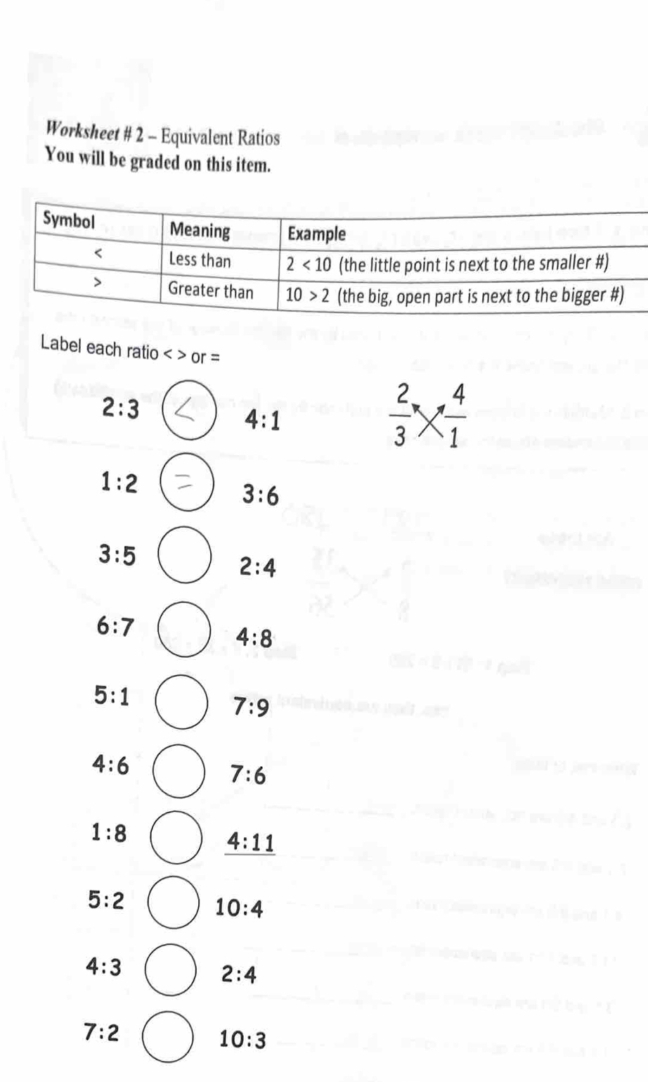 Worksheet # 2 - Equivalent Ratios
You will be graded on this item.
Label each ratio <>or=
2:3
4:1
 2/3 *  4/1 
1:2
3:6
3:5
2:4
6:7
4:8
5:1
7:9
4:6
7:6
1:8
_ 4:11
5:2
10:4
4:3
2:4
7:2
10:3