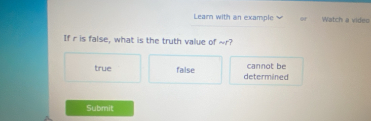 Learn with an example or Watch a video
If r is false, what is the truth value of ~r?
true false cannot be
determined
Submit