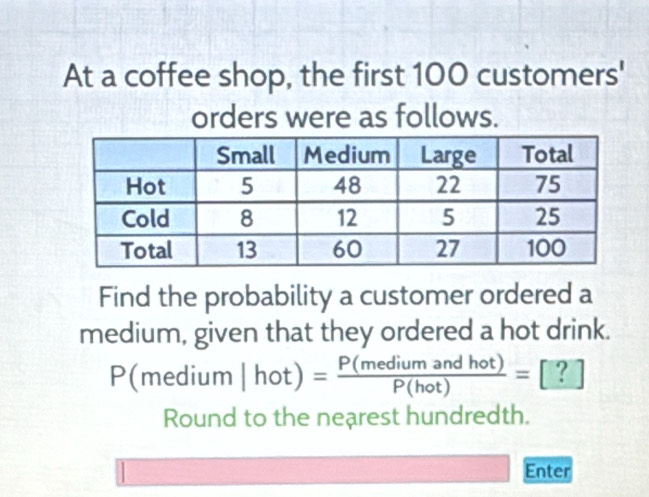 At a coffee shop, the first 100 customers' 
orders were as follows. 
Find the probability a customer ordered a 
medium, given that they ordered a hot drink.
P(med i11 n |hot)= P(mediumandhot)/P(hot) =[?]
Round to the nearest hundredth. 
Enter