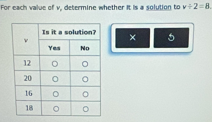 For each value of v, determine whether it is a solution to v/ 2=8. 
× 5