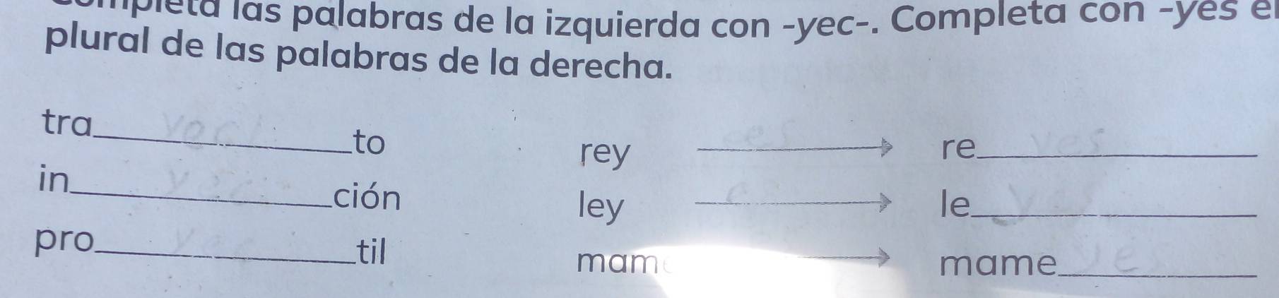 ' P leta las palabras de la izquierda con -yec-. Completa con -yes el 
plural de las palabras de la derecha. 
_ 
tra 
to 
rey 
re_ 
in 
_ción 
ley le_ 
pro_ 
til 
mam mame_