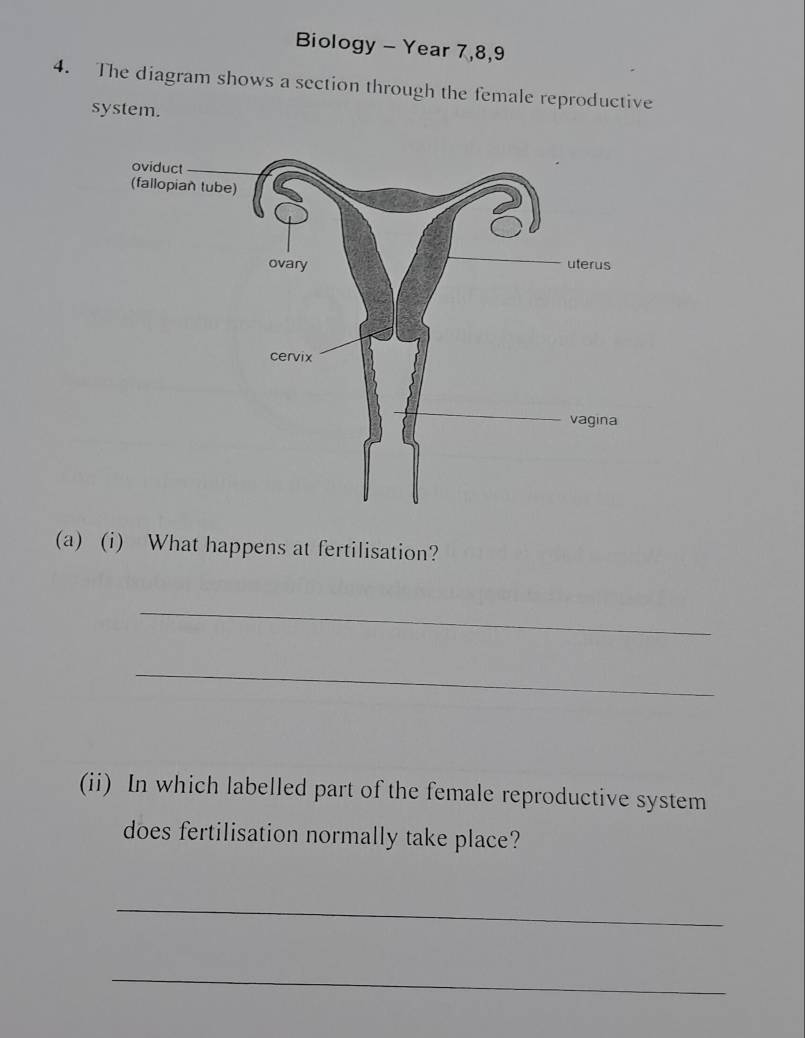 Biology - Year 7,8,9 
4. The diagram shows a section through the female reproductive 
system. 
(a) (i) What happens at fertilisation? 
_ 
_ 
(ii) In which labelled part of the female reproductive system 
does fertilisation normally take place? 
_ 
_