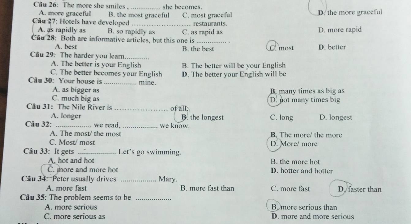The more she smiles , _she becomes.
A. more graceful B. the most graceful C. most graceful D. the more graceful
Câu 27: Hotels have developed _. restaurants.
A. as rapidly as B. so rapidly as C. as rapid as D. more rapid
Câu 28: Both are informative articles, but this one is_
A. best B. the best C. most D. better
Câu 29: The harder you learn_
A. The better is your English B. The better will be your English
C. The better becomes your English D. The better your English will be
Câu 30: Your house is _mine.
A. as bigger as B. many times as big as
C. much big as D. not many times big
Câu 31: The Nile River is _of all,
A. longer B. the longest C. long D. longest
Câu 32: _we read, _we know.
A. The most/ the most B. The more/ the more
C. Most/ most D. More/ more
Câu 33: It gets _Let's go swimming.
A. hot and hot B. the more hot
C. more and more hot D. hotter and hotter
Câu 34: Peter usually drives _Mary.
A. more fast B. more fast than C. more fast D. faster than
Câu 35: The problem seems to be_
A. more serious B more serious than
C. more serious as D. more and more serious