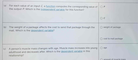 For each value of an input C. a function computes the corresponding value of 
the output P. Which is the independent variable for this function? 
C 
(b) The weight of a package affects the cost to send that package through the weight of package 
mail. Which is the dependent variable? 
cost to mail package 
(c) A person's muscle mass changes with age. Muscle mass increases into young age 
adulthood and decreases after. Which is the dependent variable in this 
relationship? 
amount of muscle mass