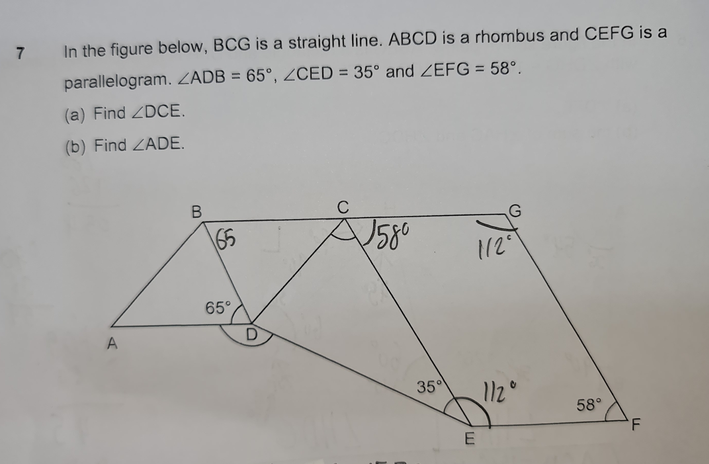 Solved: In the figure below, BCG is a straight line. ABCD is a rhombus ...