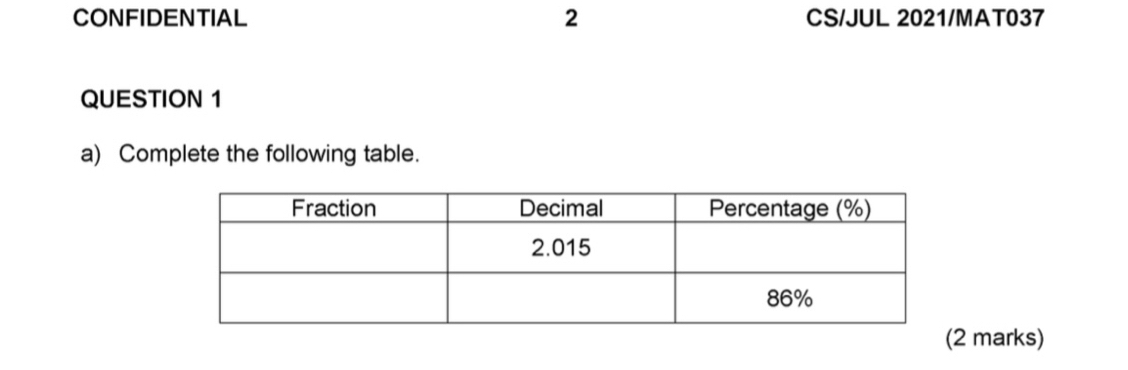 CONFIDENTIAL 2 CS/JUL 2021/MAT037 
QUESTION 1 
a) Complete the following table. 
marks)