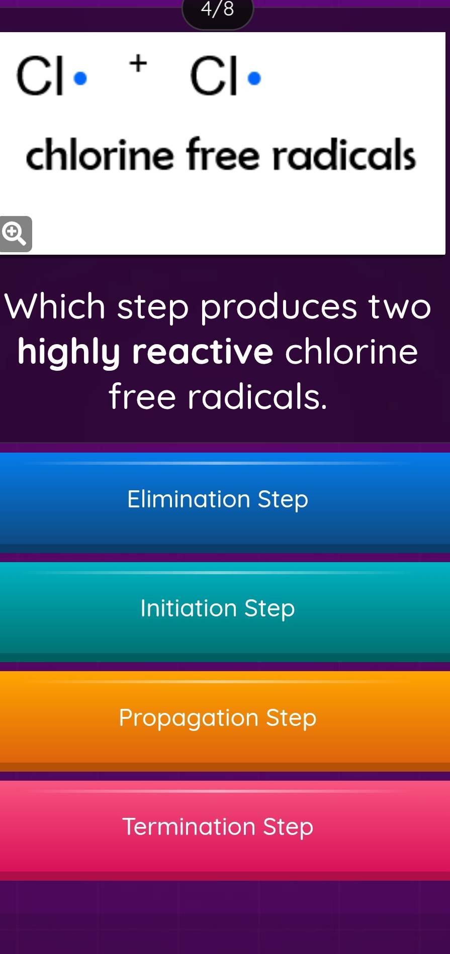 8
Cl· +Cl·
chlorine free radicals
Which step produces two
highly reactive chlorine
free radicals.
Elimination Step
Initiation Step
Propagation Step
Termination Step