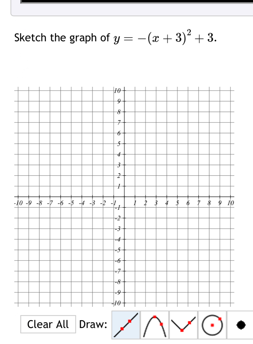 Sketch the graph of y=-(x+3)^2+3. 
Clear All Draw: