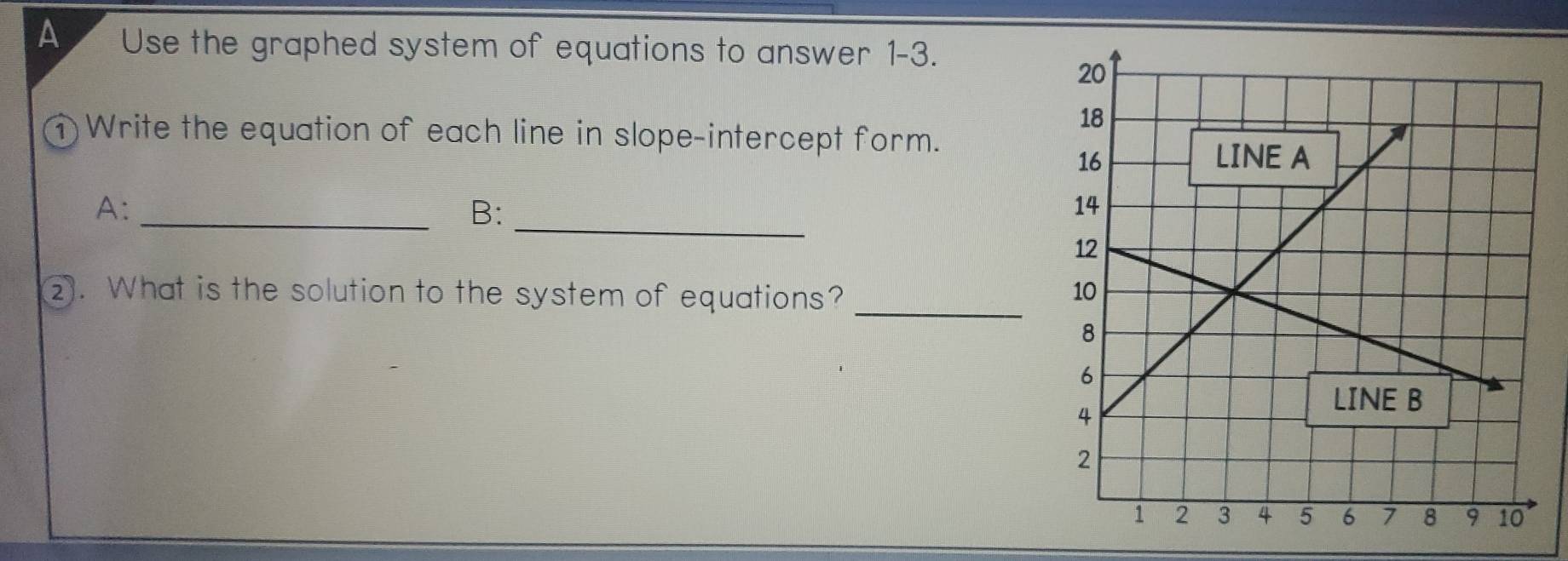 A Use the graphed system of equations to answer 1-3. 
1) Write the equation of each line in slope-intercept form. 
A:_ 
B: 
_ 
. What is the solution to the system of equations? _