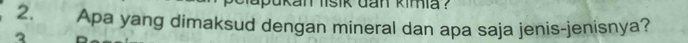 kan lisik dan kimia? 
2. Apa yang dimaksud dengan mineral dan apa saja jenis-jenisnya? 
2