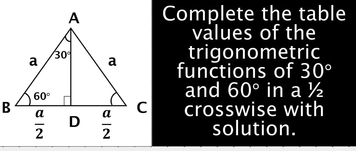 Complete the table
values of the
trigonometric
functions of 30°
and 60° in a ½
crosswise with
solution.