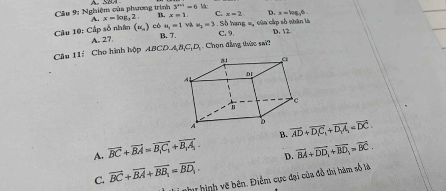 A. SBA .
Câu 9: Nghiệm của phương trình 3^(x+1)=6 là:
A. x=log _32. B. x=1. C. x=2. D. x=log _36. 
Câu 10: Cấp số nhân (u_n) có u_1=1 và u_2=3. Số hạng u_4 của cấp số nhân là
A. 27.
B. 7. C. 9. D. 12.
Câu 11: Cho hình hộp ABCD. A_1B_1C_1D_1. Chọn đẳng thức sai?
vector AD+vector D_1C_1+vector D_1A_1=vector DC. 
B.
A. vector BC+vector BA=vector B_1C_1+vector B_1A_1. vector BA+vector DD_1+vector BD_1=vector BC. 
D.
C. vector BC+vector BA+vector BB_1=vector BD_1. 
i như hình vẽ bên. Điểm cực đại của đồ thị hàm số là