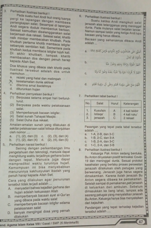 Perhatikan ilustrasi berikut ! Pada suatu hari Andi ikut orang tuanya
6.Perhatikan ilustrasi berikut !
Suatu ketika Andi mengikuti salat
pergi ke lapangan dengan membawa jenazah atas tetangganya yang meninggal
perlengkapan salat. Sesampai di lapangan dunia. Pada mulanya salat berjalan lancar.
Andi segera duduk membentuk barisan. Namun sampai takbir yang ketiga Andi lupa
Sesaat kemudian diselenggarakan salat
berjamaah dua rakaat. Selesai salat, khatib bacaan yang harus dibaca.
naik mimbar membacakan khutbah. Pada Bacaan yang seharusnya dibaca Andi
khutbah pertama khotib membaca istigfar adalah ...
sebanyak sembilan kali. Sementara pada
khutbah kedua membaca istigfar tujuh kali. a.
Di akhir khutbah, tampak khatib
Jias so Lagahs
membacakan doa dengan penuh harap b.
kepada Allah Swt. Cin Chông nginy tông tyễn ngii
Doa khusus yang dibaca oleh khotib pada
ilustrasi tersebut adalah doa untuk C. d5g □ yghny tin; □;2; Yy 8;mi 12,2 √ yigu
memohon ....
a. rezeki yang halal dan melimpah
keselamatan dunia akhirat d. xaé b.gc ji jieg xasé c.gc a jo gain
c. diterima amal ibadahnya
d. diturunkan hujan
4. Perhatikan pernyataan berikut ! 7. Perhatikan tabel berikut !
(1) Berpuasa selama empat hari berturut-
turut. 
(2) Berpuasa pada waktu pelaksanaan
salat.
(3) Memperbanyak bacaan istigfar. 
(4) Salat sunah Tahayat Masjid. 
(5) Salat Duha dua rekaat. 
Amalan-amalan sunah yang dilakukan di
sekitar pelaksanaan salat Istisqa ditunjukkan adalah .... Pasangan yang tepat pada tabel tersebut
oleh nomor ....
a. (1), (2), dan (3) c. (2), (3), dan (4) a. 1-A, 2-B, dan 3-C
b. (1), (2), dan (4) d. (2), (4), dan (5) b. 1-B, 2-C, dan 3-A
5. Perhatikan narasi berikut ! c. 1-B, 2-A, dan 3-C d. 1-C, 2-A, dan 3-B
Seiring dengan perkembangan ilmu
pengetahuan dan teknologi, manusia dapat 8. Perhatikan ilustrasi berikut ! Keluarga Pak Anton sedang berduka.
menghitung waktu terjadinya gerhana bulan Bu Anton dinyatakan positif terinveksi Covid-
dengan tepat. Manusia juga dapat
memprediksi waktu turunnya hujan. 19 dan meninggal dunia. Sesuai protokol
Kemampuan ini bisa menyebabkan kesehatan yang berlaku proses perawatan
menurunnya kekhusyukan ibadah yang jenazah dilakukan oleh petugas yang
penuh harap kepada Allah Swt. berwenang. Jenazah juga harus segera
dimakamkan. Karena itulah jenazah Bu
Cara yang dilakukan agar penurunan Anton segera dibawa ke pemakaman.
tersebut tidak terjadi adalah ... Setelah sampai di pemakaman,peti jenazah
A. menyadari bahwa kejadian gerhana dan di keluarkan dari ambulan. Sebelum
hujan adalah kekuasaan Allah dimasukkan ke liang lahat, tampak ada
B. memperbanyak bacaan ayat al-Qur'an seorang petugas yang menyalatkan jenazah
yang dibaca pada waktu salat Bu Anton. Keluarga hanya bisa menyaksikan
C. memperbanyak bacaan istigfar selama dari kejauhan.
pelaksanaan salat Pandangan yang tepat terhadap kejadian
D. banyak mengingat dosa yang pernah tersebut adalah ....
dilakukan
end. Agama Islam Kelas VIII / Gasal / SMP (K-Merdeka/B)
47