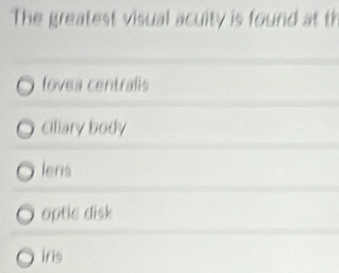 The greatest visual acuity is found at th
ovea centraßis
Ciliary body
lens
optic disk
ins