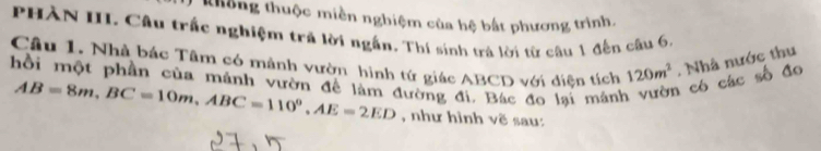 thông thuộc miền nghiệm của hệ bất phương trình. 
PHÀN III. Câu trấc nghiệm trã lời ngắn. Thí sinh trá lời từ câu 1 đến câu 6, 
Câu 1. Nhà bác Tâm có mảnh vườn hình tứ giác ABCD với diện tích 120m^2. Nhà nước thu 
hồi một phần của mảnh vườn để làm đường đị. Bác đo lại mảnh 
a có các số đo
AB=8m, BC=10m, ABC=110°, AE=2ED , như hình vẽ sau: