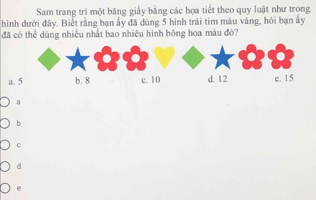 Sam trang trí một băng giấy bằng các họa tiết theo quy luật như trong
hình dưới đây. Biết rằng bạn ấy đã dùng 5 hình trái tim màu vàng, hỏi bạn ấy
đã có thể dùng nhiều nhất bao nhiêu hình bông hoa màu đỏ?
a. 5 b. 8 c. 10 d. 12 e. 15
a
b
C
d
e