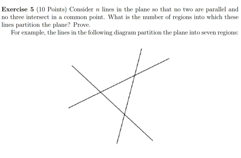 Consider n lines in the plane so that no two are parallel and 
no three intersect in a common point. What is the number of regions into which these 
lines partition the plane? Prove. 
For example, the lines in the following diagram partition the plane into seven regions: