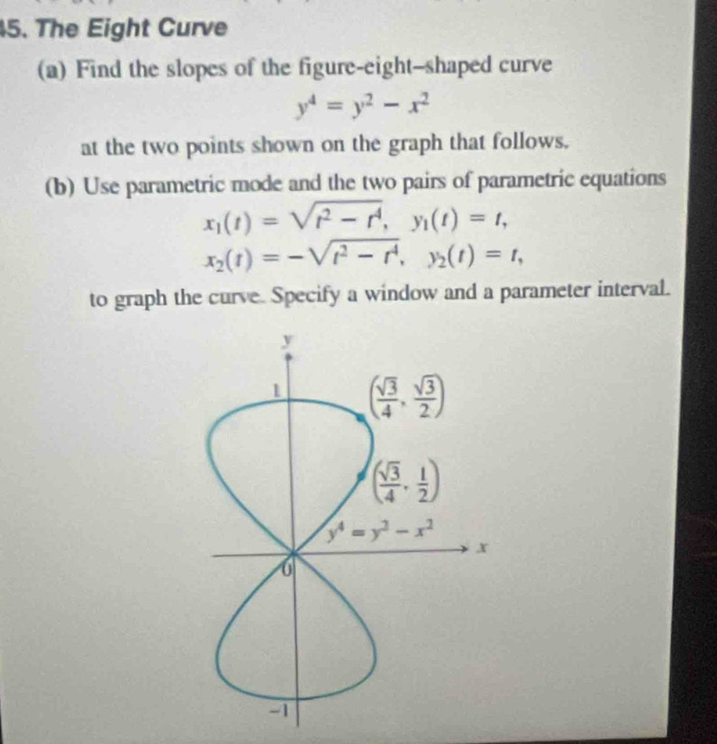 The Eight Curve
(a) Find the slopes of the figure-eight-shaped curve
y^4=y^2-x^2
at the two points shown on the graph that follows.
(b) Use parametric mode and the two pairs of parametric equations
x_1(t)=sqrt(t^2-t^4),y_1(t)=t,
x_2(t)=-sqrt(t^2-t^4),y_2(t)=t,
to graph the curve. Specify a window and a parameter interval.