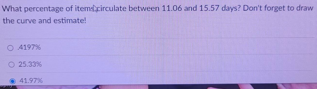 What percentage of items circulate between 11.06 and 15.57 days? Don't forget to draw
the curve and estimate!. 4197%
25.33%
41.97%