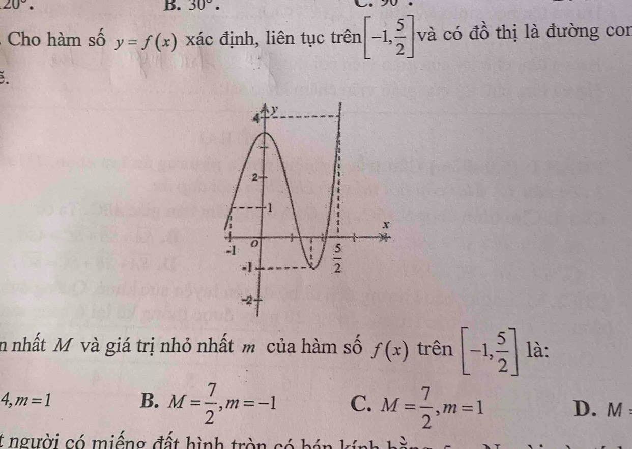 20°.
B. 30°.
Cho hàm số y=f(x) xác định, liên tục trên [-1, 5/2 ] và có đồ thị là đường cor
5
in nhất M và giá trị nhỏ nhất m của hàm số f(x) trên [-1, 5/2 ] là:
4,m=1
B. M= 7/2 ,m=-1
C. M= 7/2 ,m=1 D.M
t người có miếng đất hình tròn só bán kính