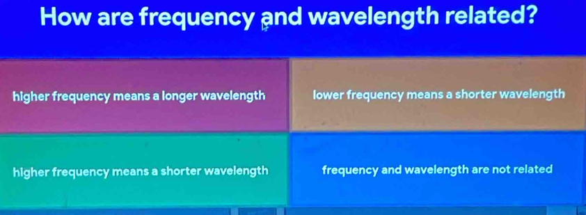 How are frequency and wavelength related?
higher frequency means a longer wavelength lower frequency means a shorter wavelength
higher frequency means a shorter wavelength frequency and wavelength are not related