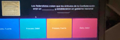 Los federalistas crelan que las Artículos de la Confederación
eran un _y estoblecieron un gablero nacional
F Fracaio, Débil Tuerts aso, Debil