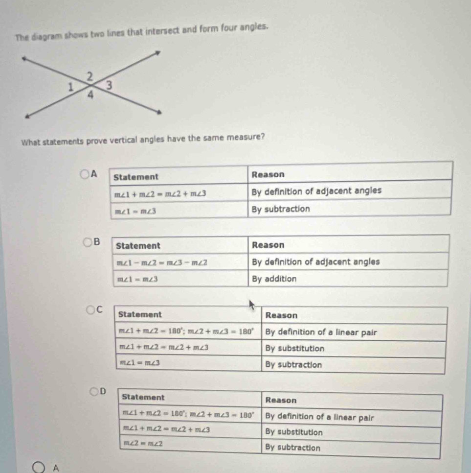 Solved: The diagram shows two lines that intersect and form four angles ...