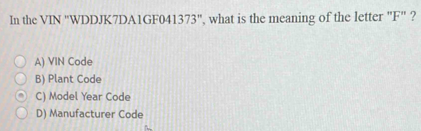 Solved: In the VIN "WDDJK7DA1GF041373", what is the meaning of the ...