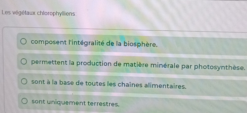 Les végétaux chlorophylliens:
composent l'intégralité de la biosphère.
permettent la production de matière minérale par photosynthèse.
sont à la base de toutes les chaînes alimentaires.
sont uniquement terrestres.