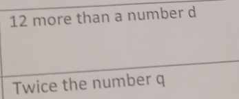 12 more than a number d
Twice the number q