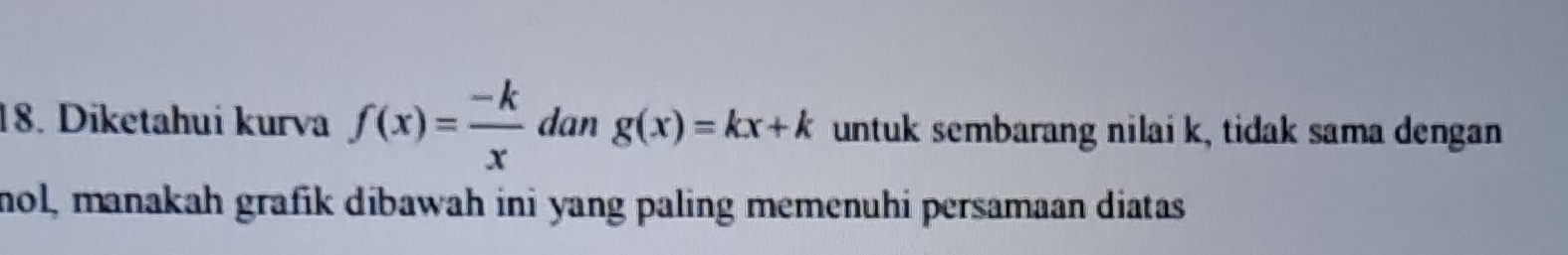 Diketahui kurva f(x)= (-k)/x  dan g(x)=kx+k untuk sembarang nilai k, tidak sama dengan
nol, manakah grafik dibawah ini yang paling memenuhi persamaan diatas