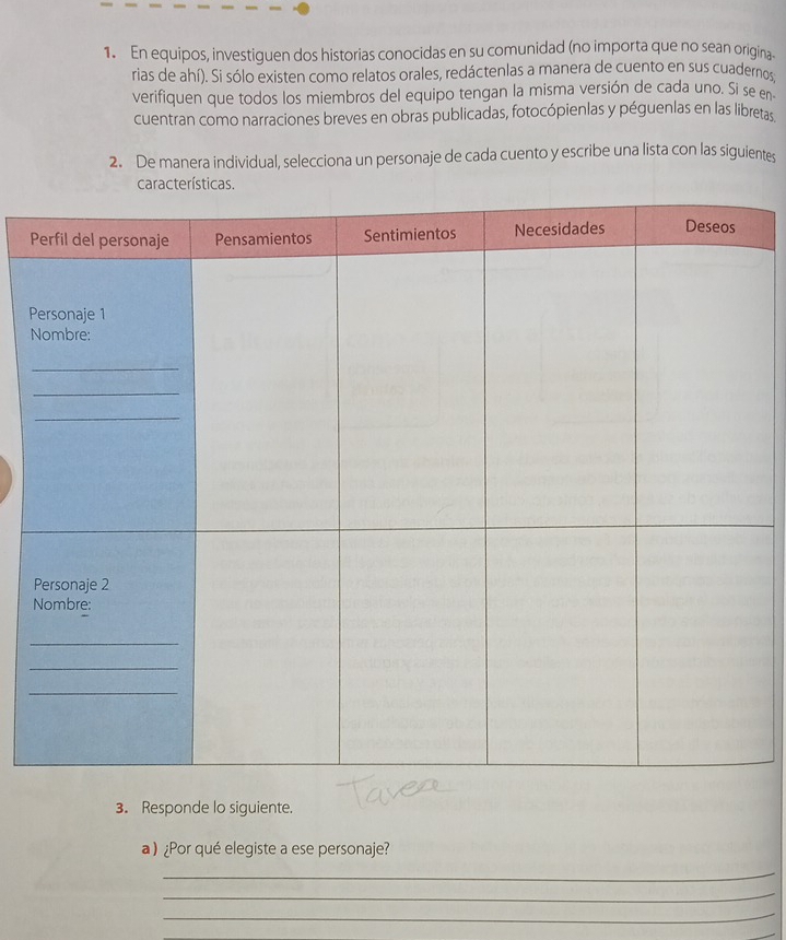 En equipos, investiguen dos historias conocidas en su comunidad (no importa que no sean origina. 
rias de ahí). Si sólo existen como relatos orales, redáctenlas a manera de cuento en sus cuadernos 
verifiquen que todos los miembros del equipo tengan la misma versión de cada uno. Si se en 
cuentran como narraciones breves en obras publicadas, fotocópienlas y péguenlas en las libretas 
2. De manera individual, selecciona un personaje de cada cuento y escribe una lista con las siguientes 
acterísticas. 
P 
N 
3. Responde lo siguiente. 
a )¿Por qué elegiste a ese personaje? 
_ 
_ 
_ 
_