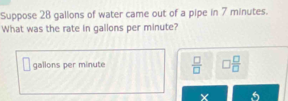 Suppose 28 gallons of water came out of a pipe in 7 minutes. 
What was the rate in gallons per minute?
□
 □ /□  
gallons per minute □  □ /□  