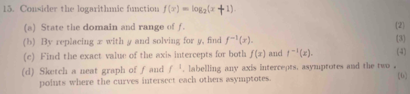 Consider the logarithmic function f(x)=log _2(x+1). 
(a) State the domain and range of f. (2) (3) 
(b) By replacing x with y and solving for y, find f^(-1)(x). 
(c) Find the exact value of the axis intercepts for both f(x) and t^(-1)(x). 
(4) 
(d) Sketch a neat graph of f and f^1. labelling any axis intercepts, asymptotes and the two . 
points where the curves intersect each others asymptotes. 
(6)