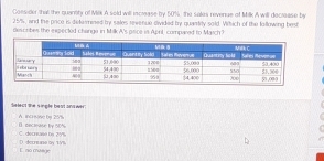 Consider that the quantity of Me A seld will increase by 50%, the sales revense of Milk A will decrease by
25%, and the price is determened by sales revenue divided by quantity sold. Viftich of the following best
describes the expected change in Milk A's price in April, compared to March?
Select the single best anvt wer . A. intrmise by 20%
B. anclease by 50% C. decrsase to 29%
D decreane by 19% E. no maage